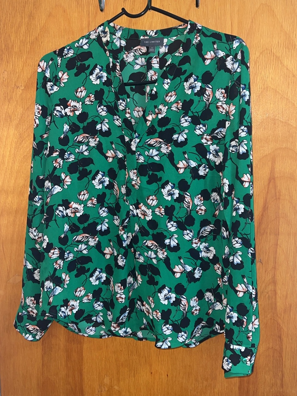 The Limited Green Floral V-Neck Long-Sleeve Blouse Size S